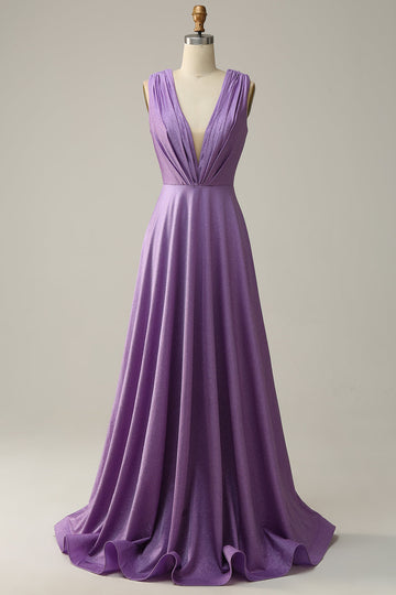 A Line Deep V Neck Purple Sleeveless Long Ball Dress
